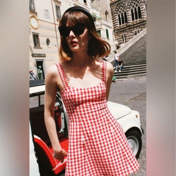 NEW Zara Bloggers Fav Cotton Red and White Gingham Sweetheart Mini Dress, Sz XS - Picture 3 of 17